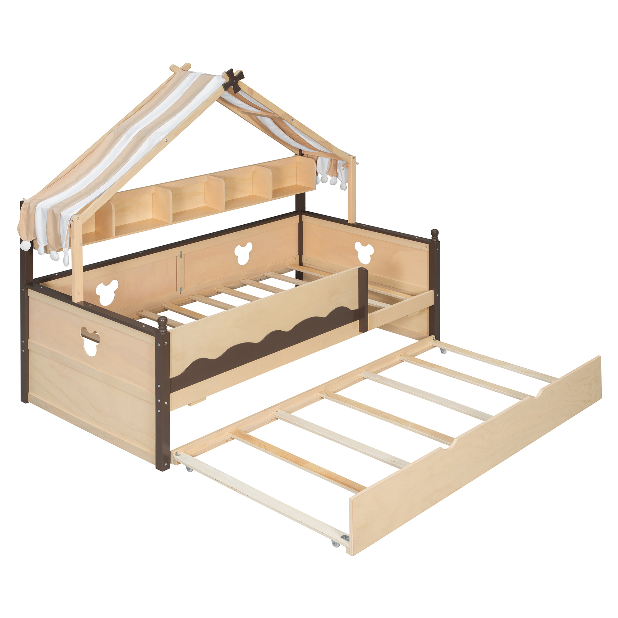 Twin Size House-Shaped Daybed with Built-In Bookshelf and Trundle