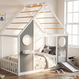Wooden Playhouse Design Platform Bed with Front Panel and Slide