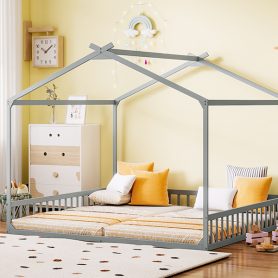 Double Twin House-Shaped Floor Bed with Safety Guardrails