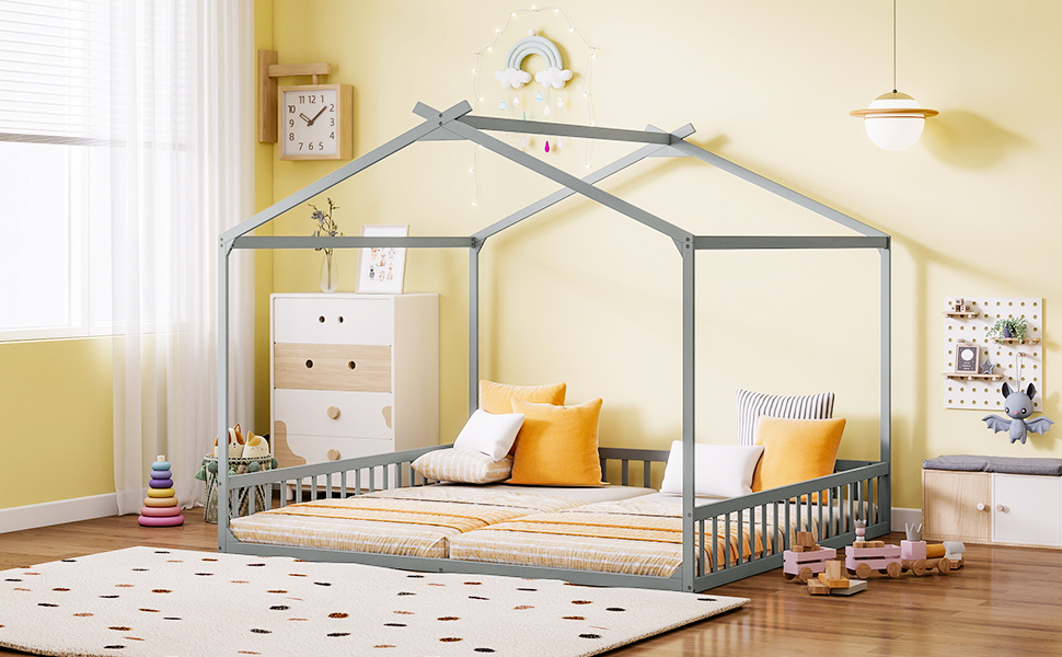Double Twin House-Shaped Floor Bed with Safety Guardrails