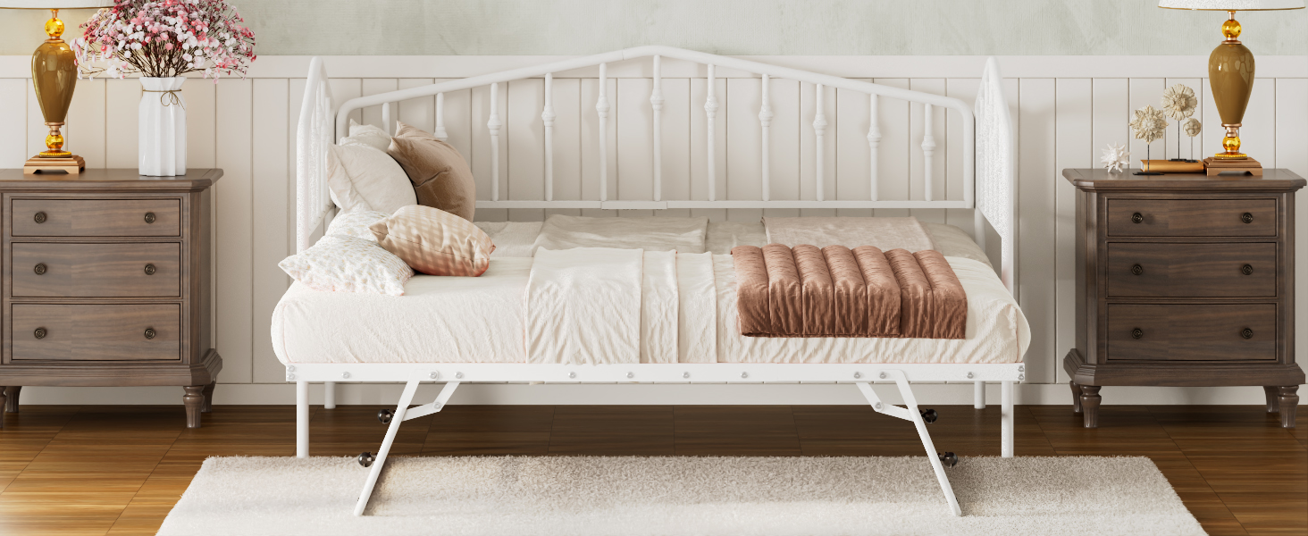 Twin Size Stylish Metal Daybed with Twin Size Adjustable Trundle