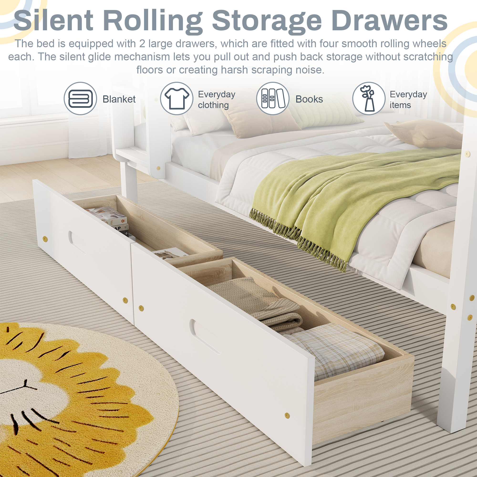Twin Over Twin Pine Wood Bunk Bed With 2 Drawers, Convertible into 2 Twin Beds