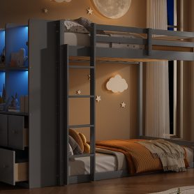 Twin Size Bunk Bed with Drawers, Shelves and Light