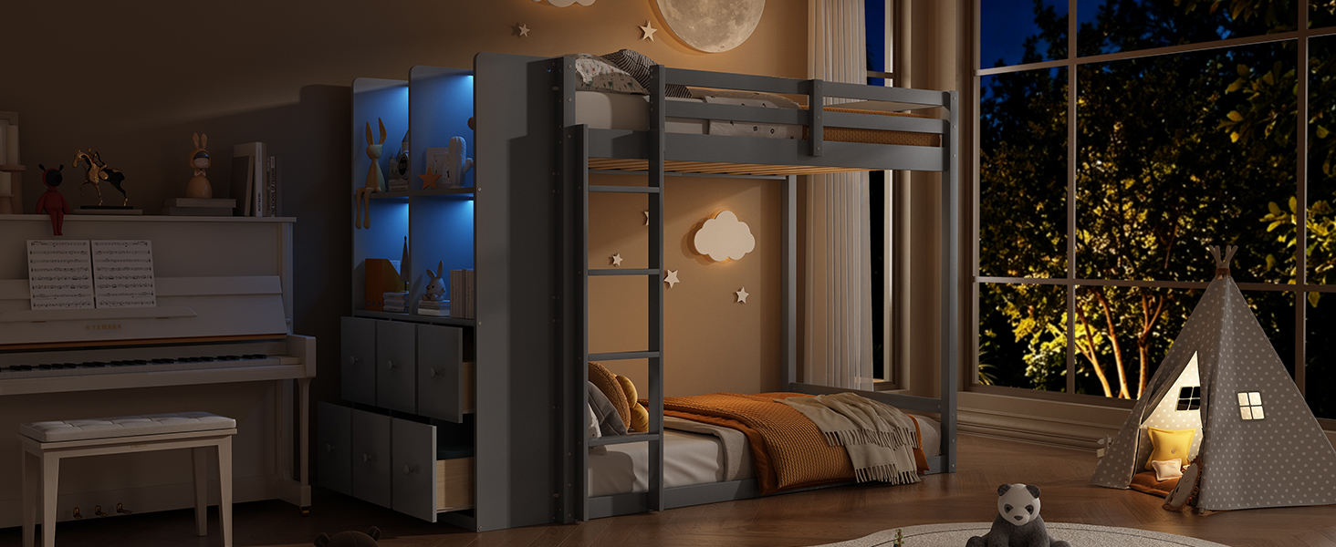 Twin Size Bunk Bed with Drawers, Shelves and Light