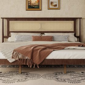 King Size Solid Wooden Bed with Rattan Headboard