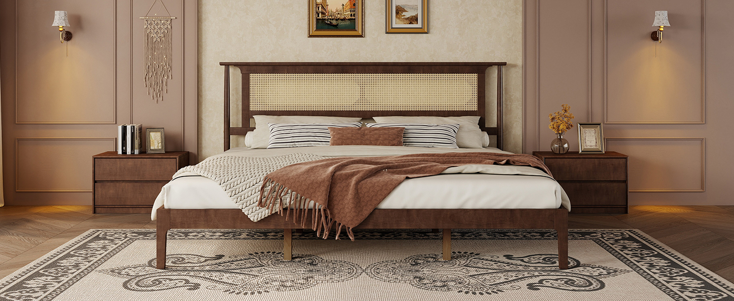 King Size Solid Wooden Bed with Rattan Headboard