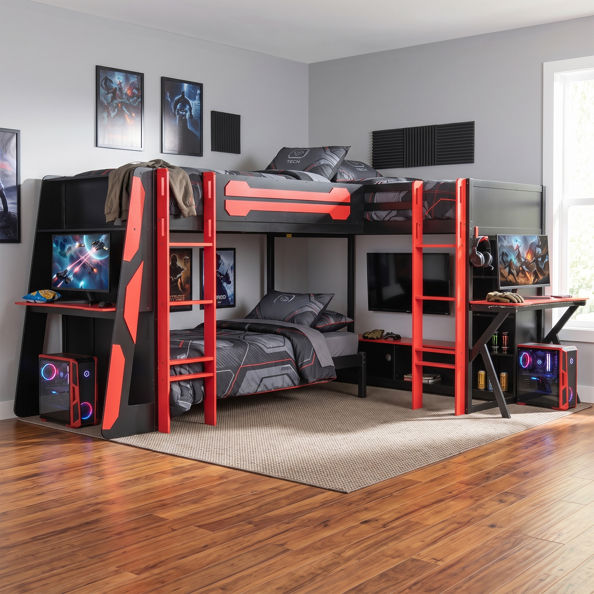 L-Shaped Wooden Twin Size Gaming Bed Frame with RGB LED Lights, USB Ports, TV Stand & Storage Shelves