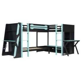 L-Shaped Wooden Twin Size Gaming Bed Frame with RGB LED Lights, USB Ports, TV Stand & Storage Shelves