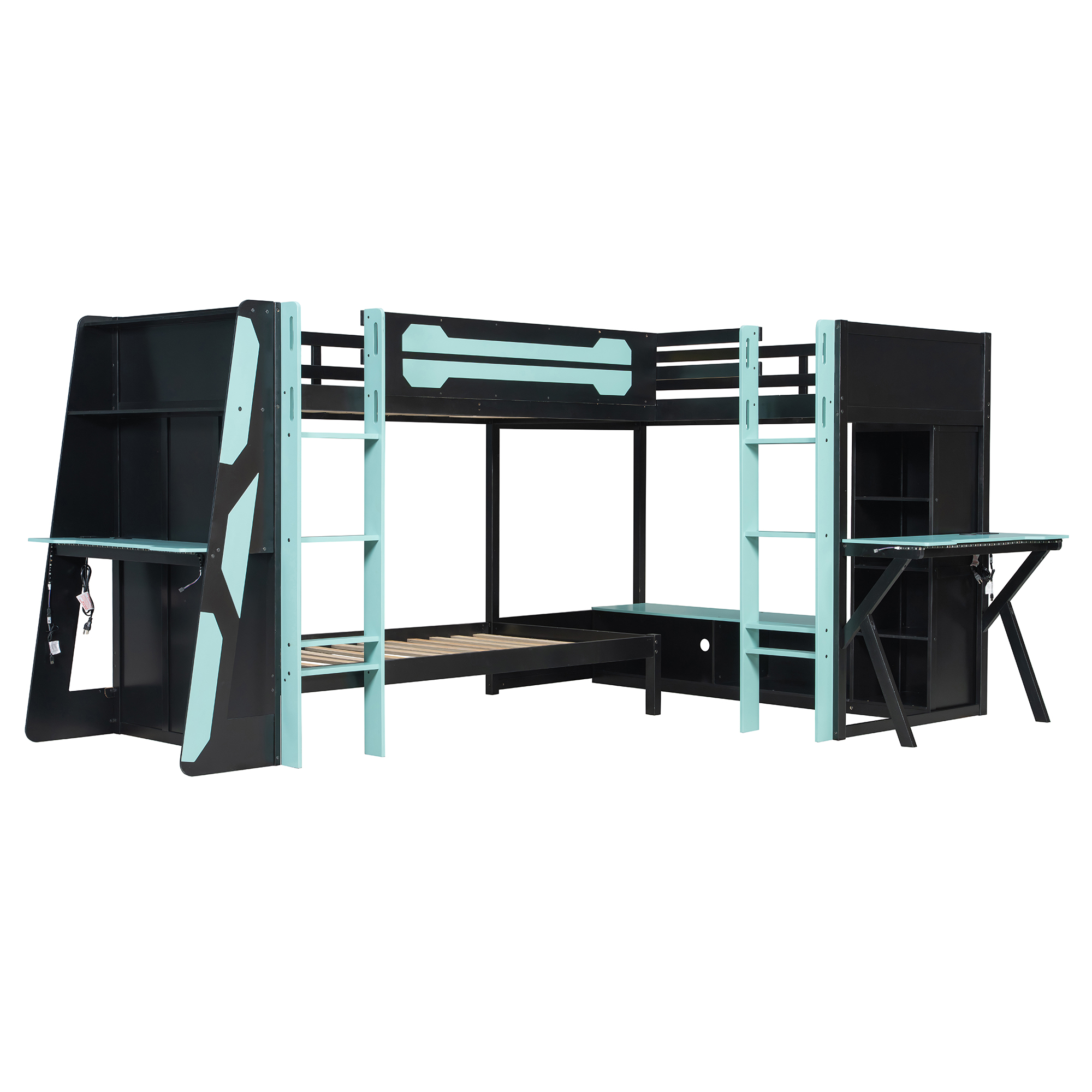 L-Shaped Wooden Twin Size Gaming Bed Frame with RGB LED Lights, USB Ports, TV Stand & Storage Shelves