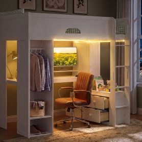 Twin Size Solid Wood Loft Bed With L-Shaped Desk, Storage Cabinet and Wardrobe