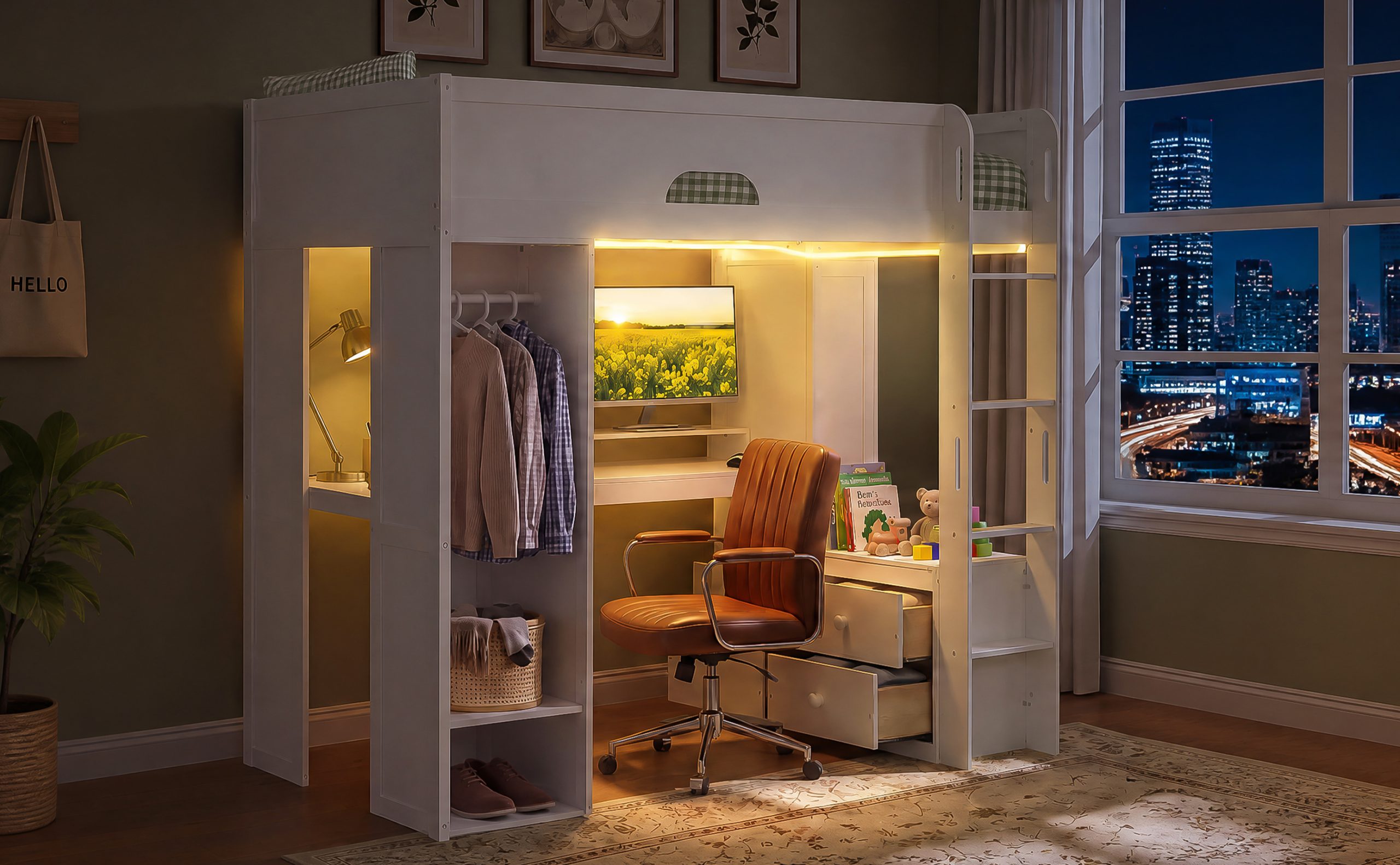 Twin Size Solid Wood Loft Bed With L-Shaped Desk, Storage Cabinet and Wardrobe