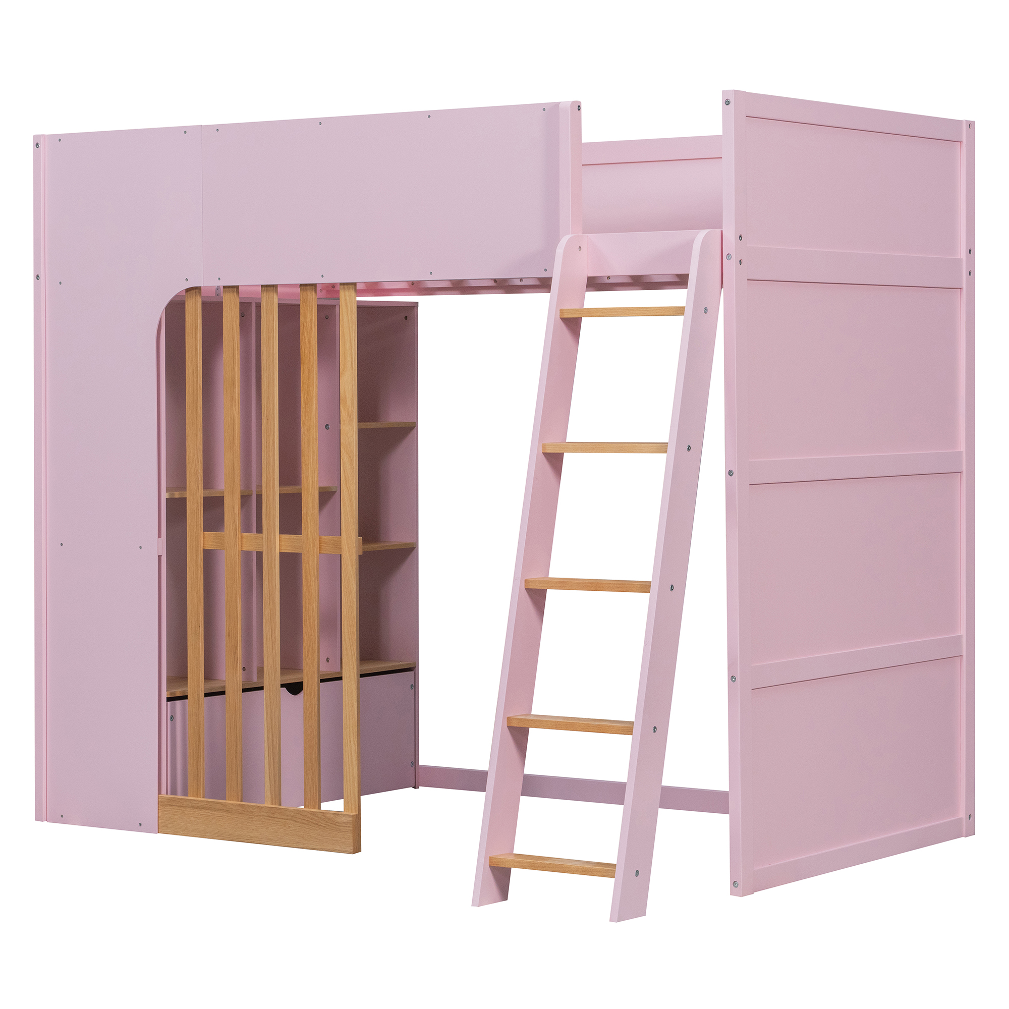 Twin Size Wooden High Sleeper Loft Bed with Ladder and Storage Shelves