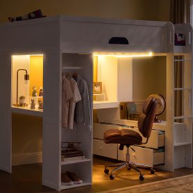 Full Size Solid Wood Loft Bed With L-Shaped Desk, Storage Cabinet and Wardrobe