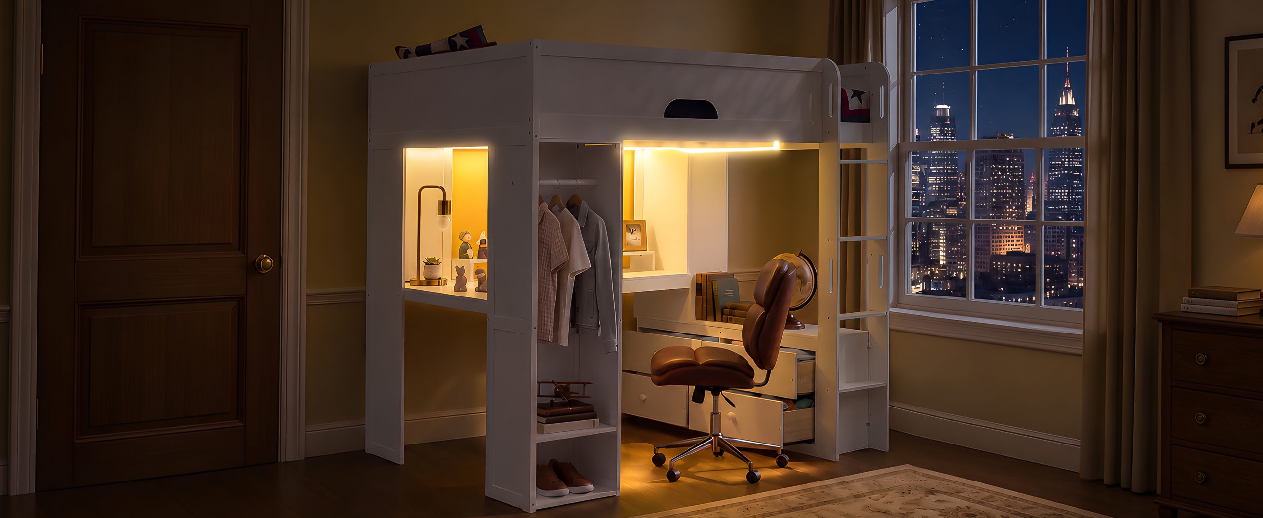 Full Size Solid Wood Loft Bed With L-Shaped Desk, Storage Cabinet and Wardrobe
