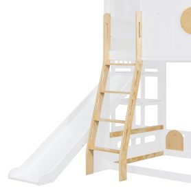 Twin Size Kids Loft Bed With Slide, Storage Shelves And Guardrails