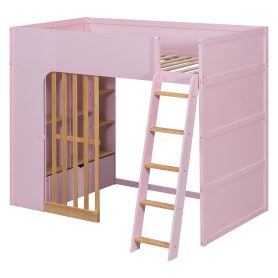 Twin Size Wooden High Sleeper Loft Bed with Ladder and Storage Shelves