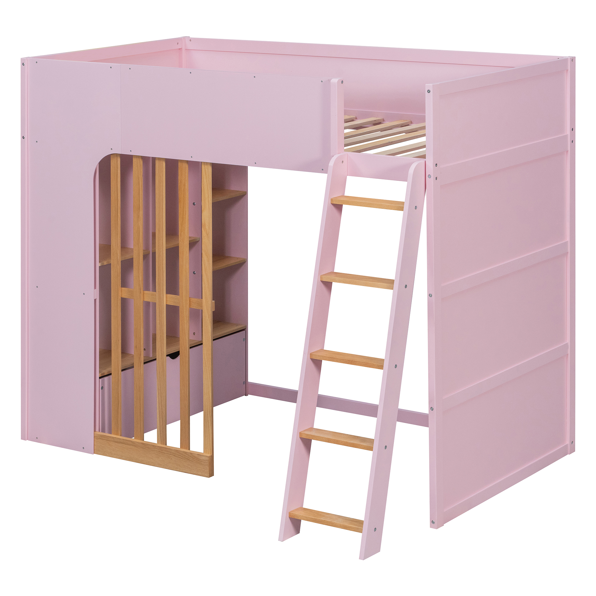 Twin Size Wooden High Sleeper Loft Bed with Ladder and Storage Shelves