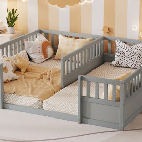 Double Pine Wood Twin Floor Bed with Semi-Enclosed Safety Guardrails, Open Entrance