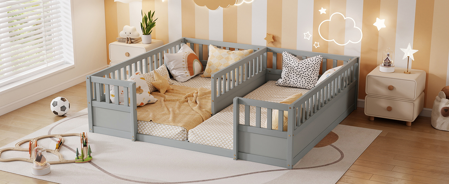 Double Pine Wood Twin Floor Bed with Semi-Enclosed Safety Guardrails, Open Entrance