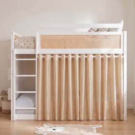 Full Size Bunk Bed with 3-Tier Storage Shelf, Rattan Decor, Privacy Curtains & Lights