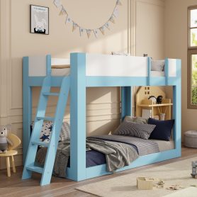 Twin Size Low Convertible Bunk Bed With Reversible Ladder And Safety Guardrails