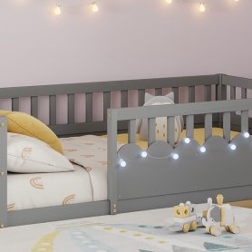 Twin Montessori Floor Bed with High Rails, Light And Storage Shelf