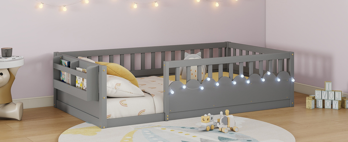 Twin Montessori Floor Bed with High Rails, Light And Storage Shelf