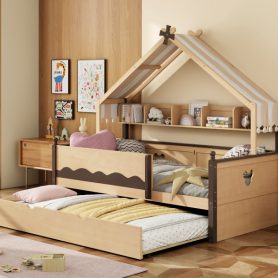 Twin Size House-Shaped Daybed with Built-In Bookshelf and Trundle