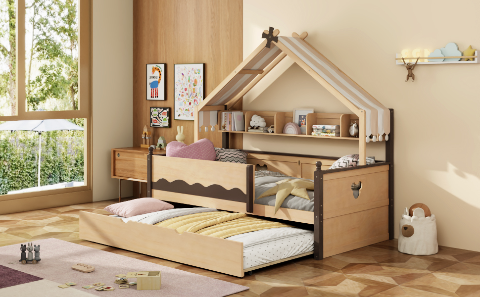 Twin Size House-Shaped Daybed with Built-In Bookshelf and Trundle