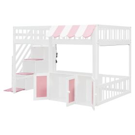 Full Size Loft Bed with Storage Steps, LED Light, Under Bed Cabinets