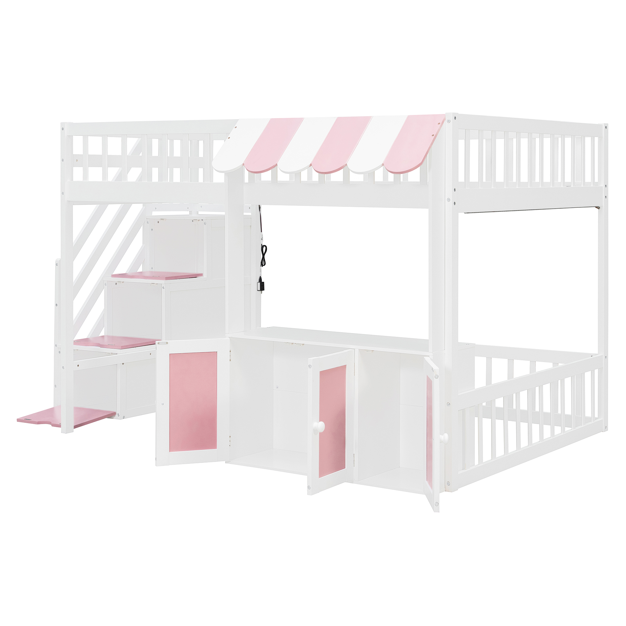 Full Size Loft Bed with Storage Steps, LED Light, Under Bed Cabinets