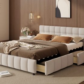 Queen Size Upholstered Platform Bed Frame with 4 Storage Drawers
