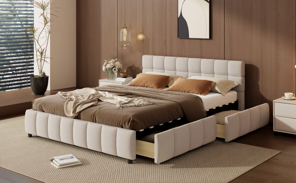 Queen Size Upholstered Platform Bed Frame with 4 Storage Drawers
