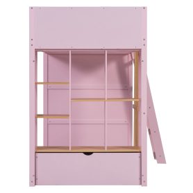 Twin Size Wooden High Sleeper Loft Bed with Ladder and Storage Shelves