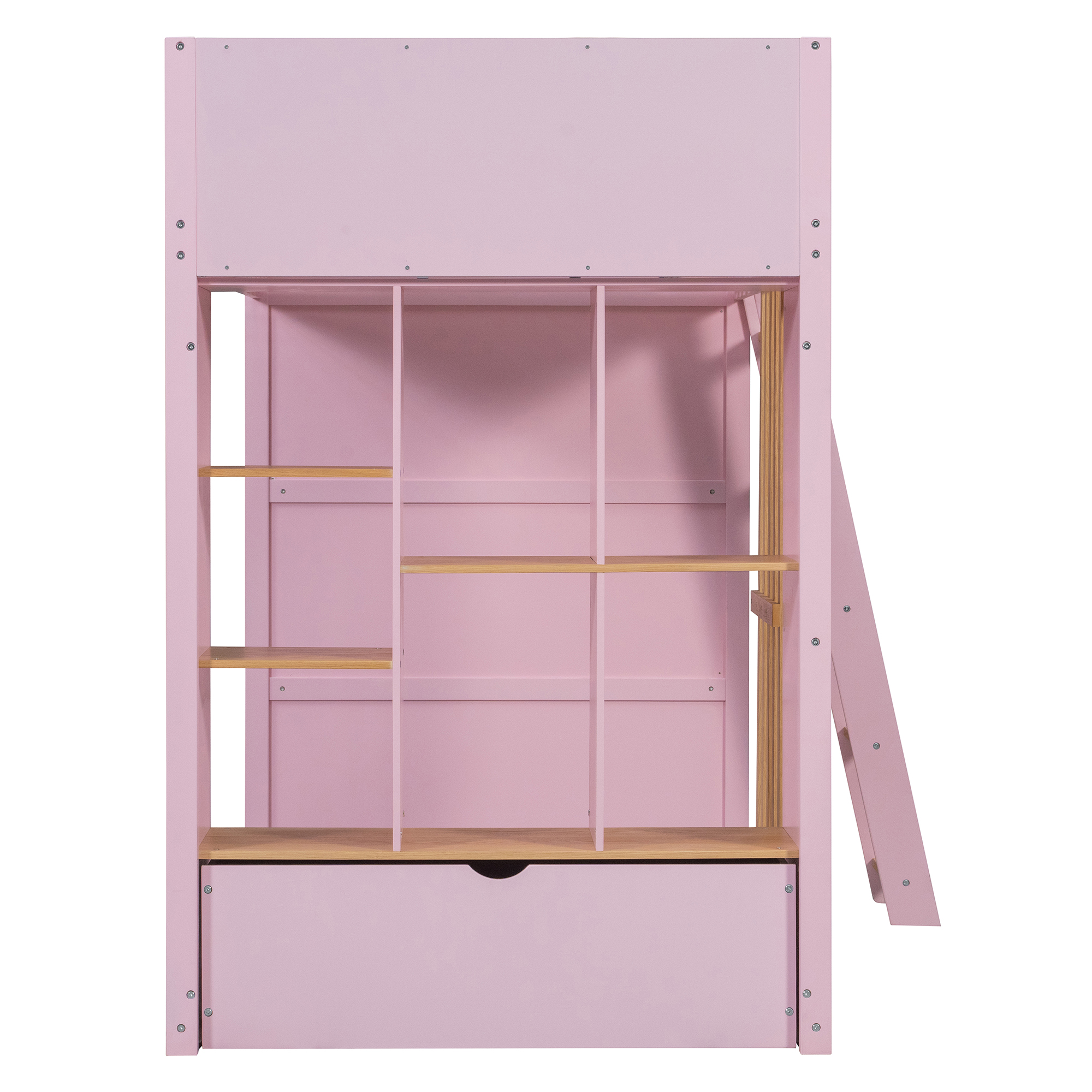 Twin Size Wooden High Sleeper Loft Bed with Ladder and Storage Shelves