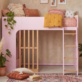 Twin Size Wooden High Sleeper Loft Bed with Ladder and Storage Shelves