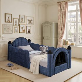 Twin Size Castle Bed with Safety Guardrail and Curtain