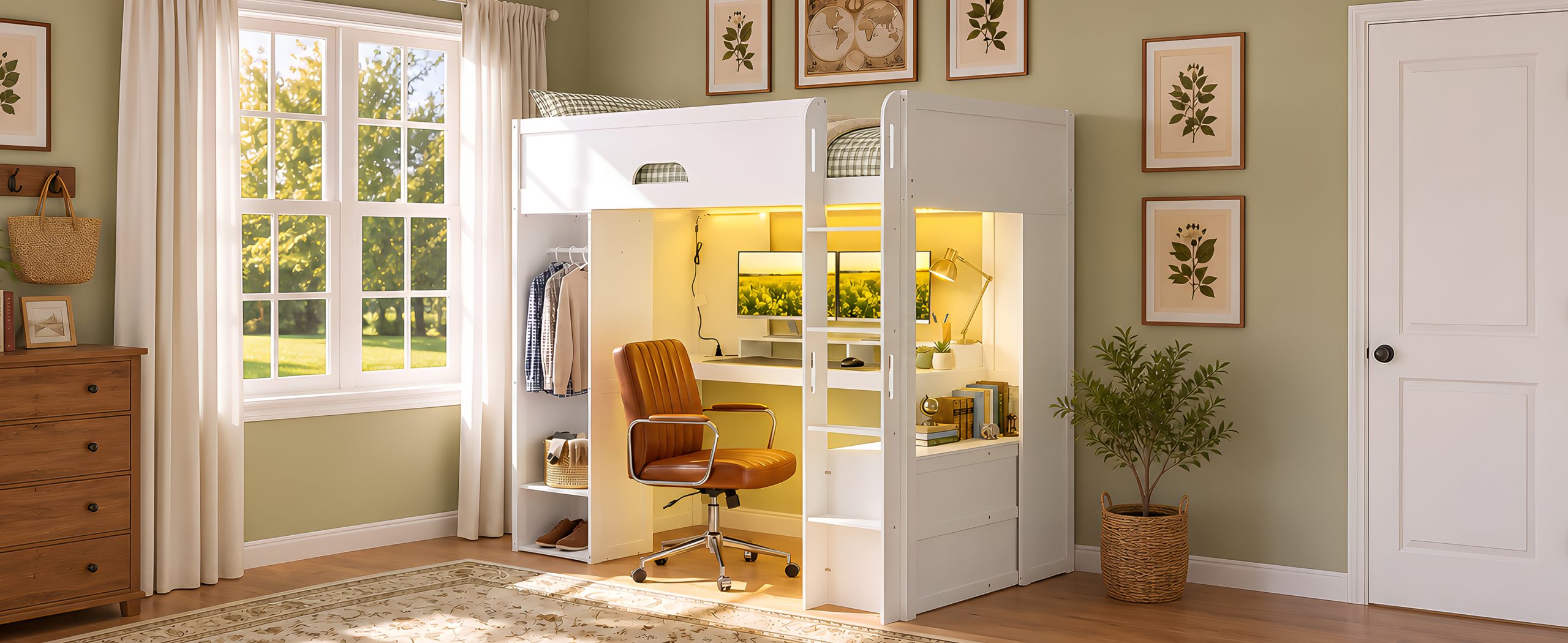 Twin Size Solid Wood Loft Bed With L-Shaped Desk, Storage Cabinet and Wardrobe