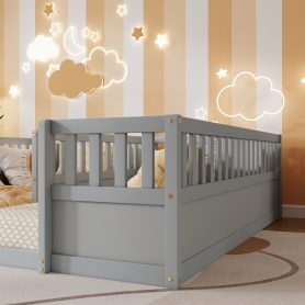 Double Pine Wood Twin Floor Bed with Semi-Enclosed Safety Guardrails, Open Entrance