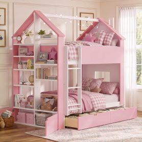 Twin Over Twin House Bed with Storage Drawers & Shelves