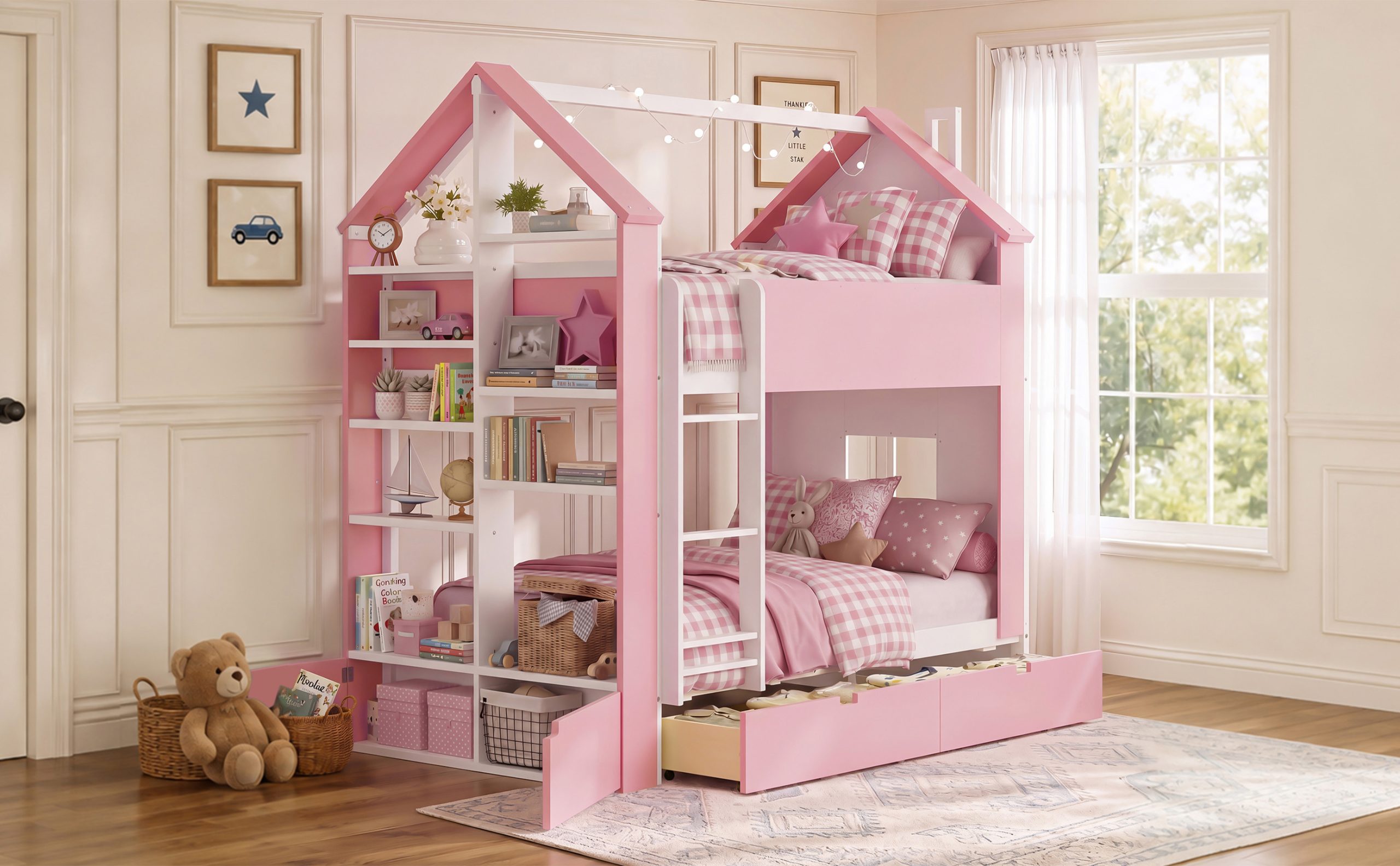 Twin Over Twin House Bed with Storage Drawers & Shelves