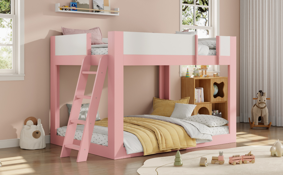 Full Size Low Convertible Bunk Bed With Reversible Ladder And Safety Guardrails