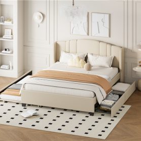 Queen Size Upholstered Platform Bed With Wingback Headboard, One Twin Trundle And 2 Drawers