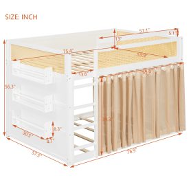 Full Size Bunk Bed with 3-Tier Storage Shelf, Rattan Decor, Privacy Curtains & Lights