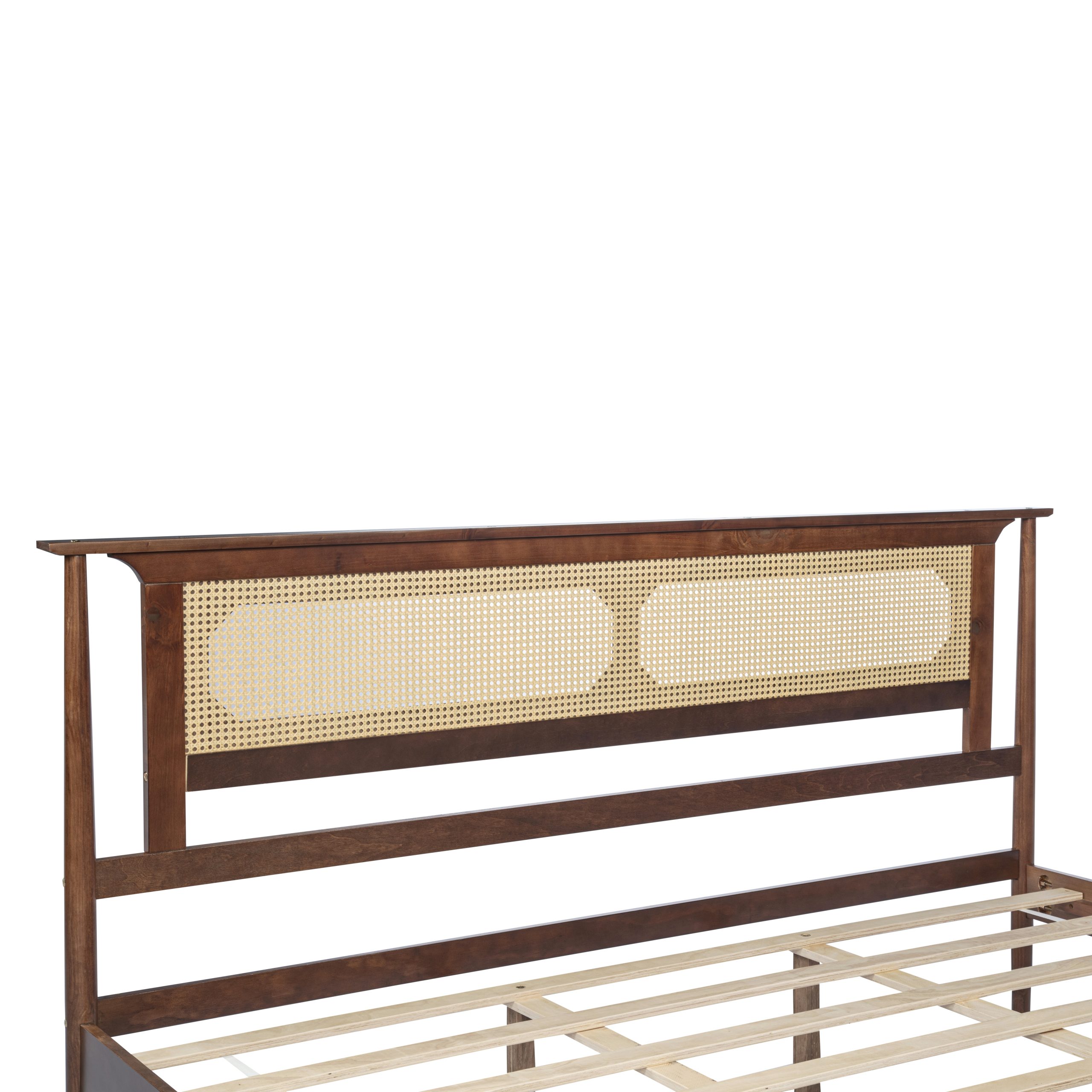 King Size Solid Wooden Bed with Rattan Headboard