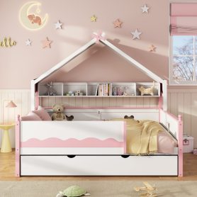 Full Size House-Shaped Daybed with Built-In Bookshelf and Trundle