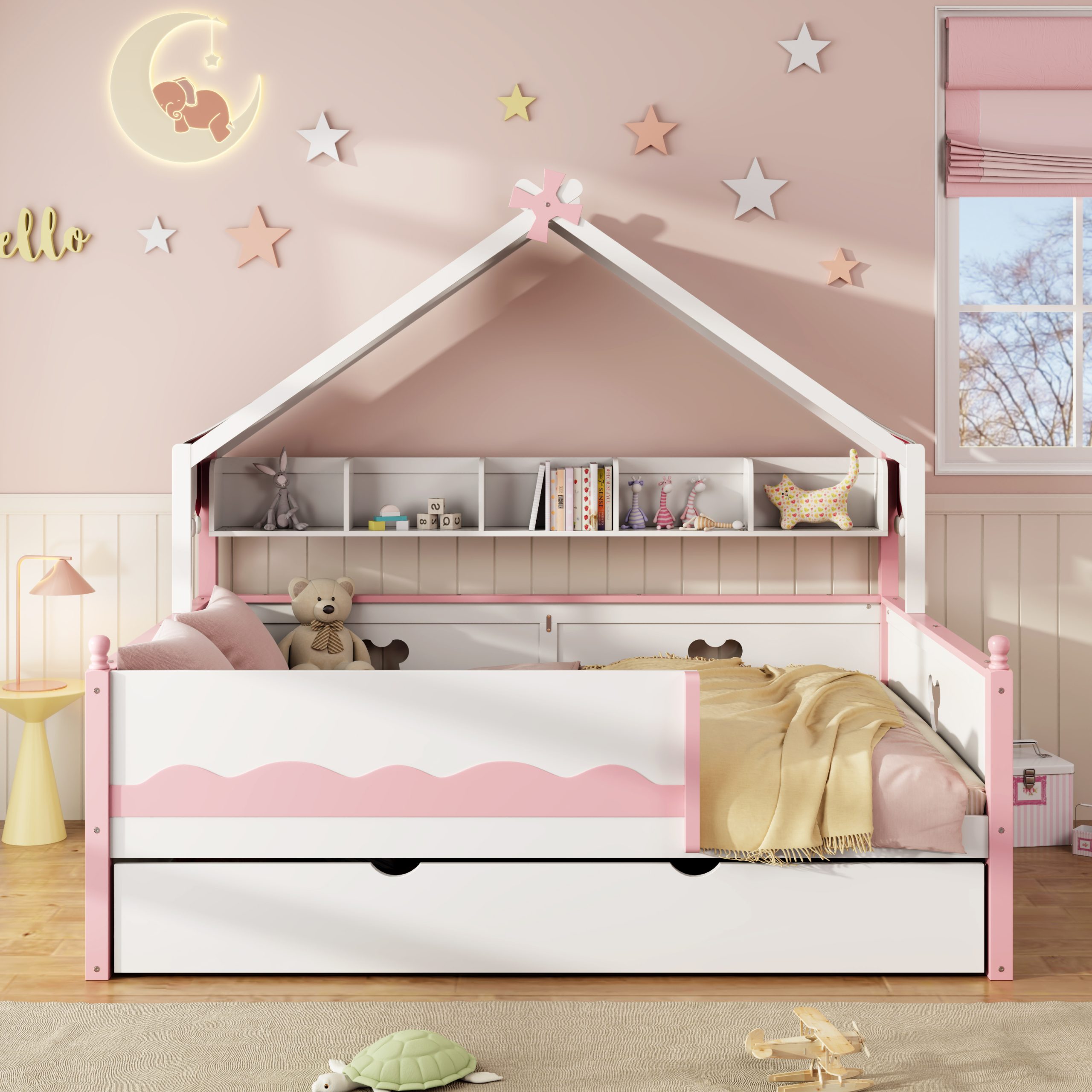 Full Size House-Shaped Daybed with Built-In Bookshelf and Trundle