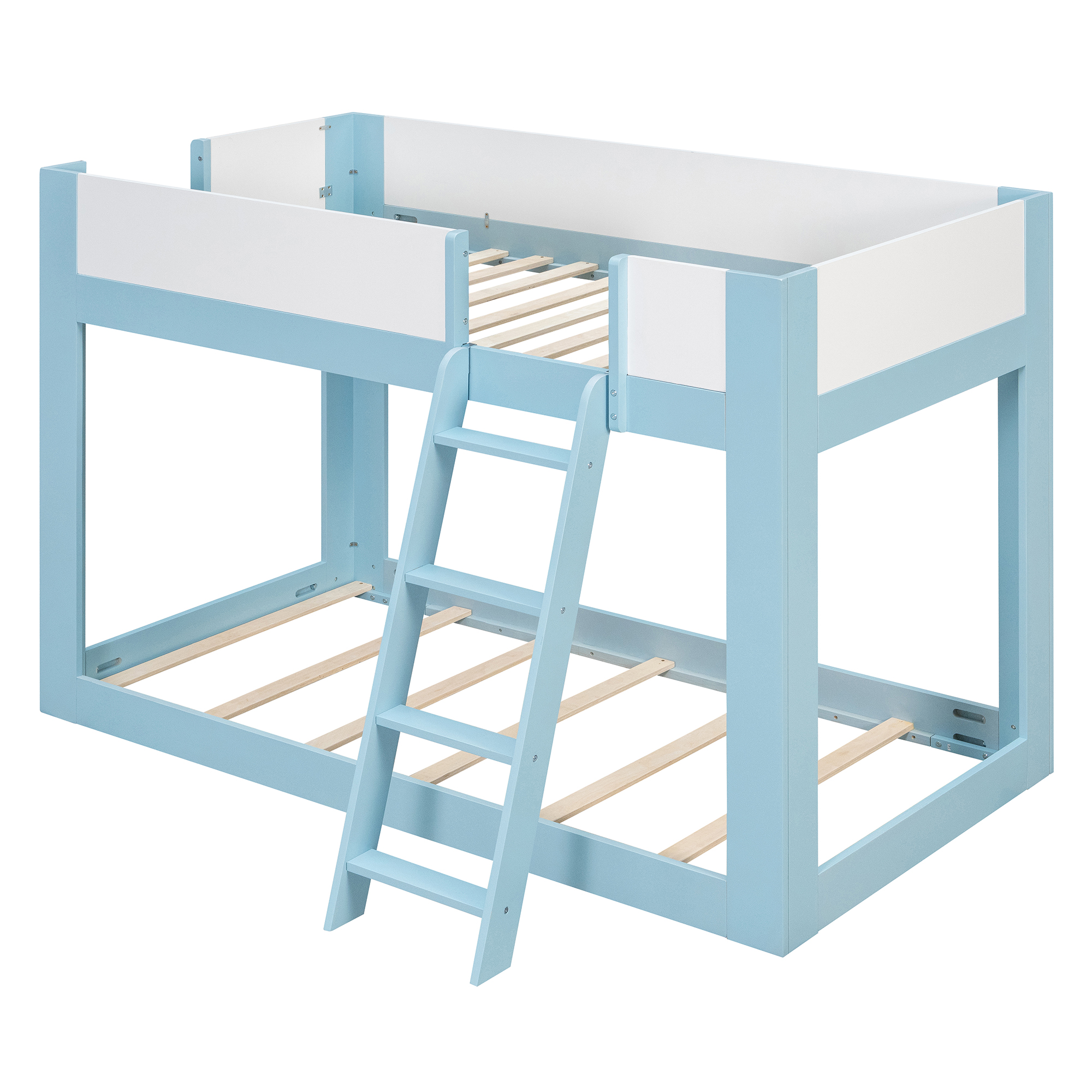 Twin Size Low Convertible Bunk Bed With Reversible Ladder And Safety Guardrails