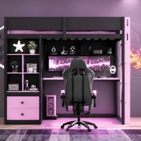 Twin Size Solid Wood Loft Bed with Desk, Storage Cabinet and Wardrobe