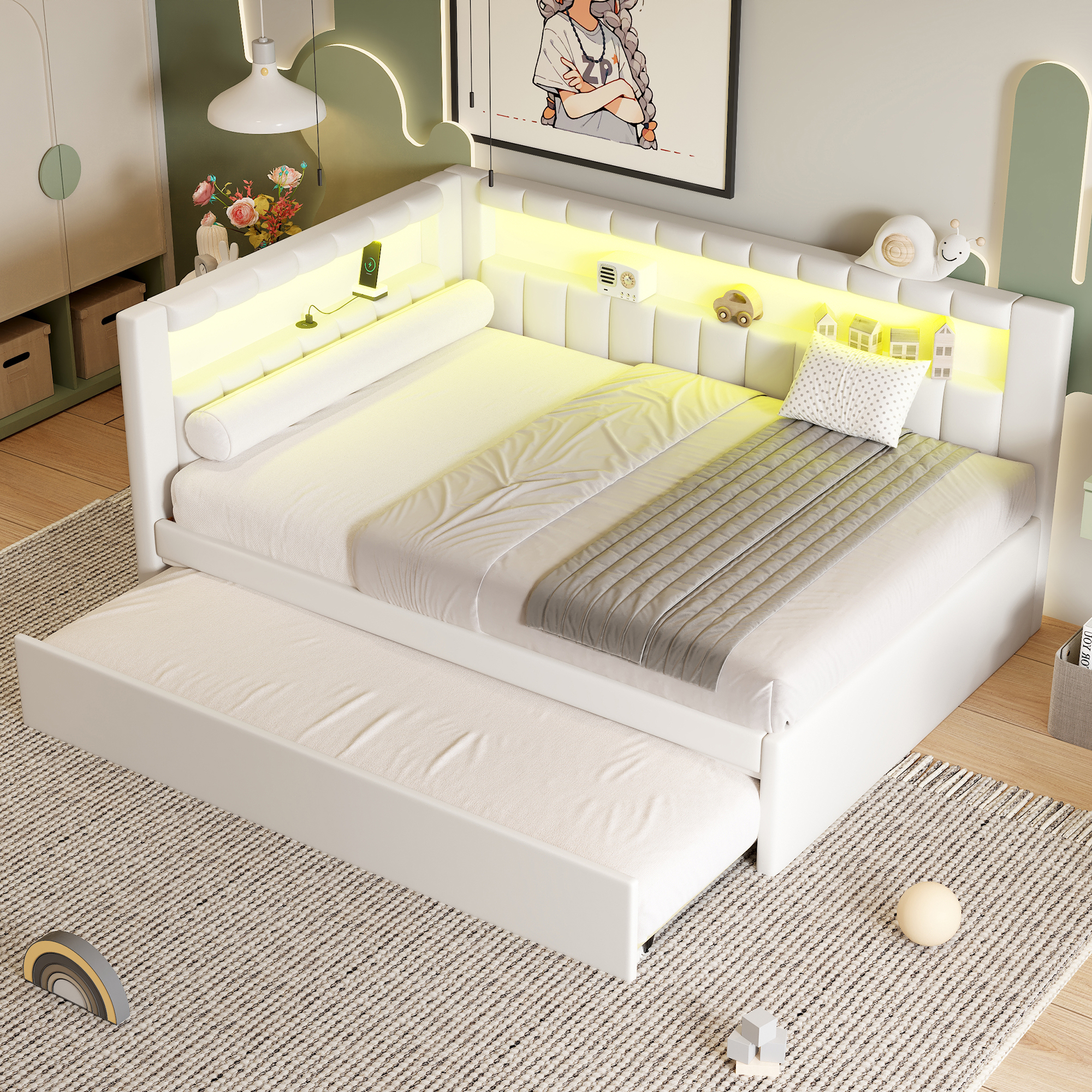 Upholstered Full Size Platform Bed with Trundle, USB Ports and LED Belt